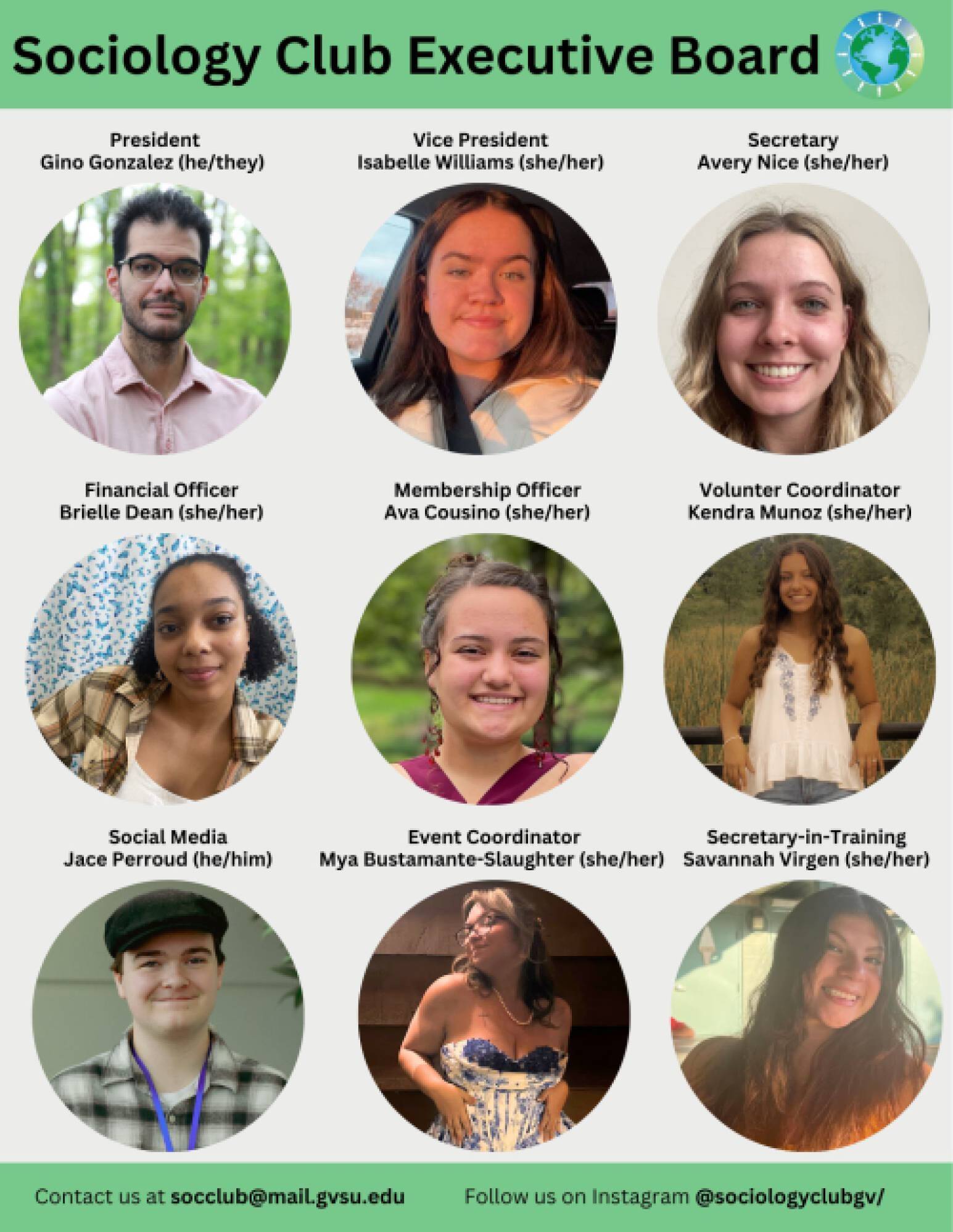 Sociology Club E-Board Flier includes headshots for each E-Board member and their E-Board title